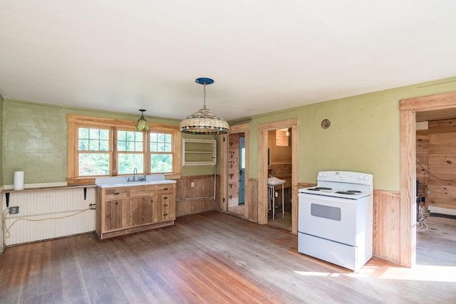 43 Meadow St, Northfield, MA 01360 - kitchen featuring white electric range, wood finished floors, a wainscoted wall, and pendant lighting