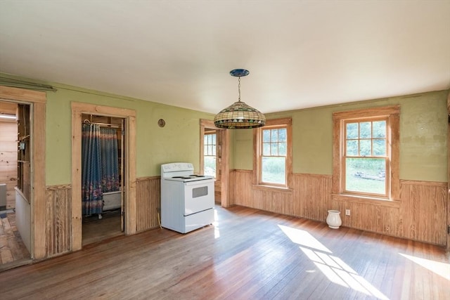 43 Meadow St, Northfield, MA 01360 - kitchen featuring white electric range oven, a wainscoted wall, wood-type flooring, wood walls, and pendant lighting