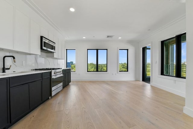 50 Leo M Birmingham Pkwy Unit 501, Boston, MA 02135 - kitchen featuring appliances with stainless steel finishes, a sink, crown molding, white cabinetry, and light countertops