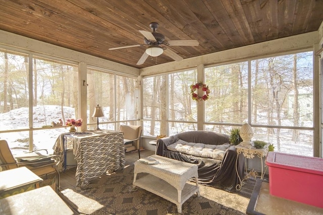 sunroom featuring ceiling fan and wooden ceiling