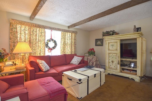 carpeted living room with a textured ceiling and beam ceiling