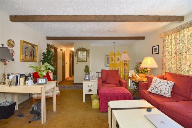 carpeted living room with beam ceiling and a textured ceiling