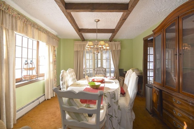 dining area with an inviting chandelier, light colored carpet, a textured ceiling, and baseboard heating