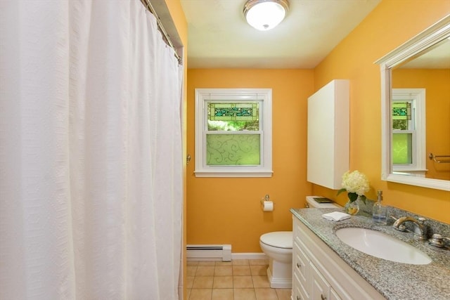 bathroom with baseboard heating, tile patterned floors, toilet, and vanity