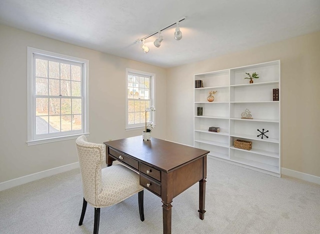 office featuring rail lighting and light carpet