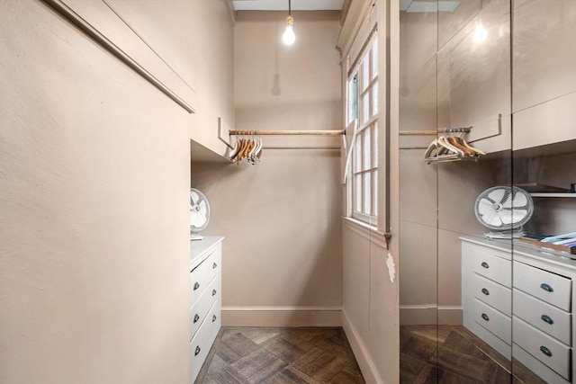 spacious closet with dark parquet flooring