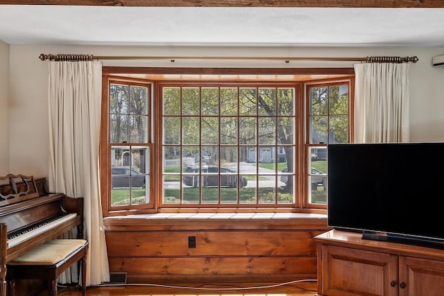 interior space with an AC wall unit and a healthy amount of sunlight