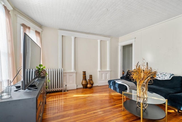 living room with ornate columns, wood-type flooring, and radiator