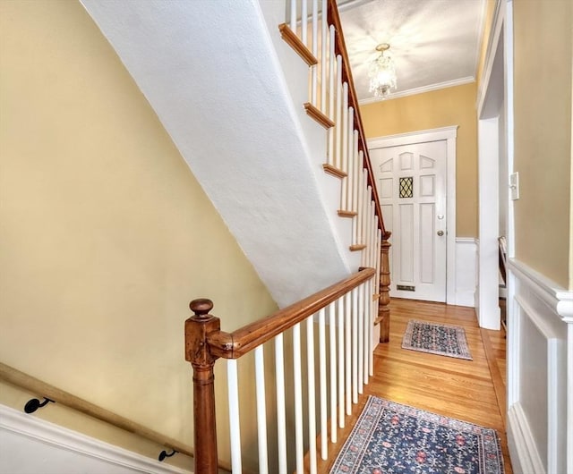 foyer featuring ornamental molding and wood-type flooring