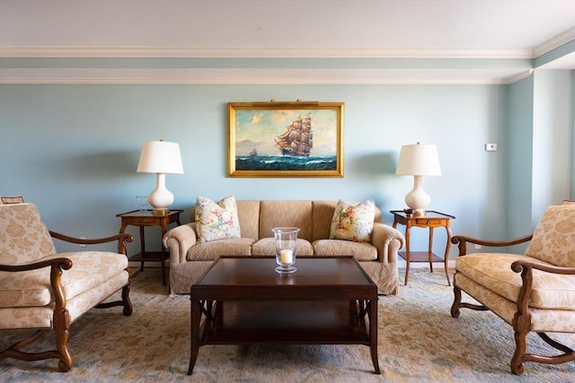 carpeted living room featuring ornamental molding