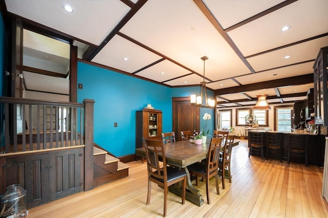 272 County St, Seekonk, MA 02771 - dining area featuring light wood-style floors, stairs, recessed lighting, baseboards, and a chandelier