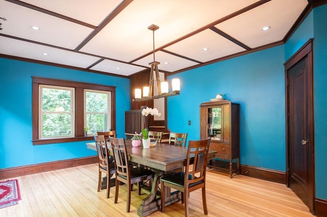 272 County St, Seekonk, MA 02771 - dining area featuring baseboards, a chandelier, light wood-type flooring, ornamental molding, and recessed lighting