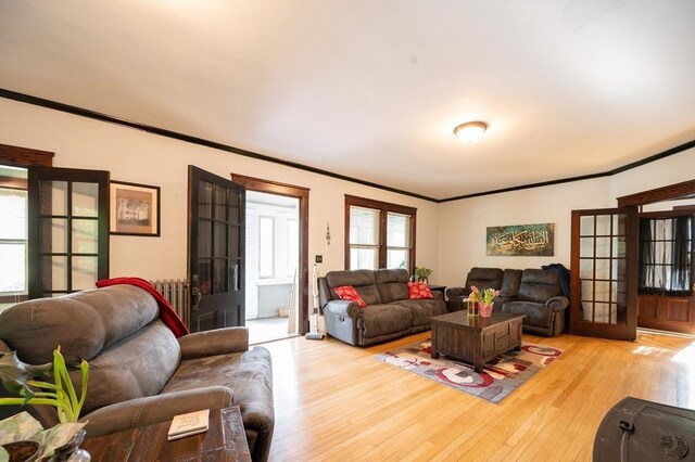 272 County St, Seekonk, MA 02771 - living area featuring wood finished floors, ornamental molding, radiator, and french doors