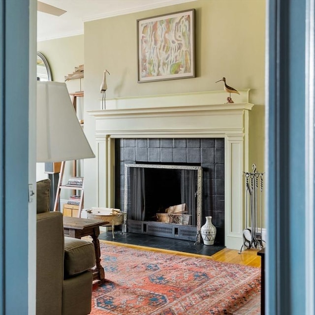 3 Newport Rd Unit 8, Cambridge, MA 02140 - detailed view of a tiled fireplace, ornamental molding, and wood finished floors