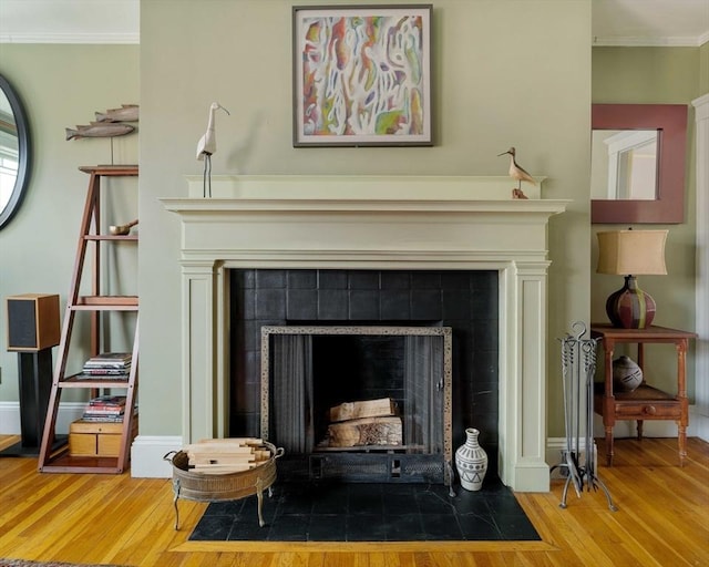 3 Newport Rd Unit 8, Cambridge, MA 02140 - detailed view of a fireplace, wood finished floors, and crown molding