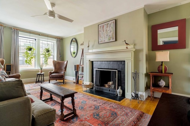 3 Newport Rd Unit 8, Cambridge, MA 02140 - living room featuring ceiling fan, wood finished floors, a tiled fireplace, and ornamental molding
