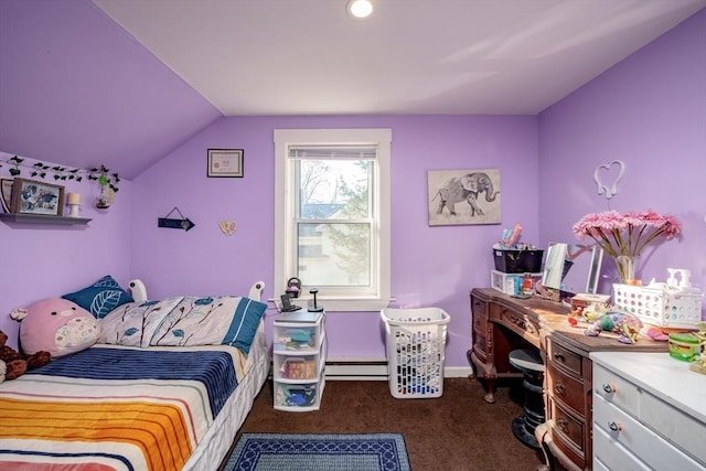 carpeted bedroom featuring vaulted ceiling and a baseboard heating unit