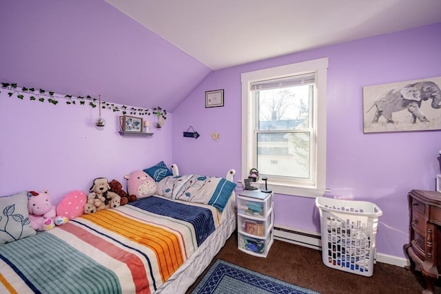 bedroom with carpet floors, vaulted ceiling, and baseboard heating