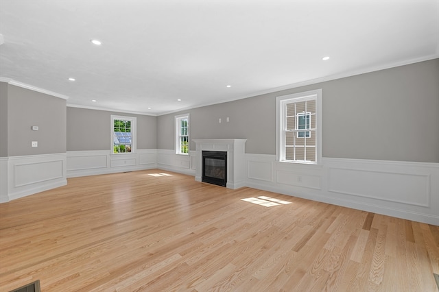 233 W Mountain St, Worcester, MA 01606 - unfurnished living room featuring ornamental molding, a glass covered fireplace, recessed lighting, wainscoting, and light wood finished floors