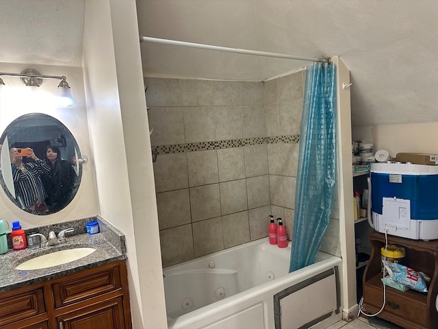 bathroom with vanity and shower / bath combo with shower curtain