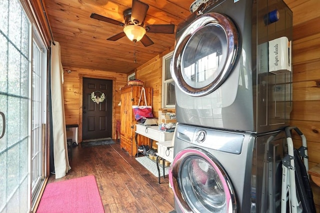 2 Pierce St, Agawam, MA 01030 - laundry room with stacked washing machine and dryer, wood walls, wood-type flooring, wooden ceiling, and a ceiling fan