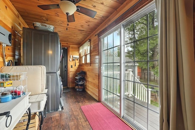 2 Pierce St, Agawam, MA 01030 - doorway with wooden ceiling, dark wood finished floors, wooden walls, and ceiling fan
