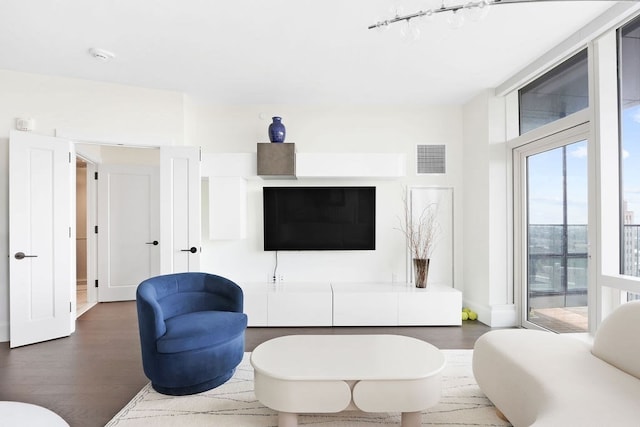 living room featuring dark wood-type flooring