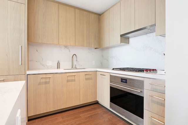 kitchen with appliances with stainless steel finishes, sink, light brown cabinets, and exhaust hood