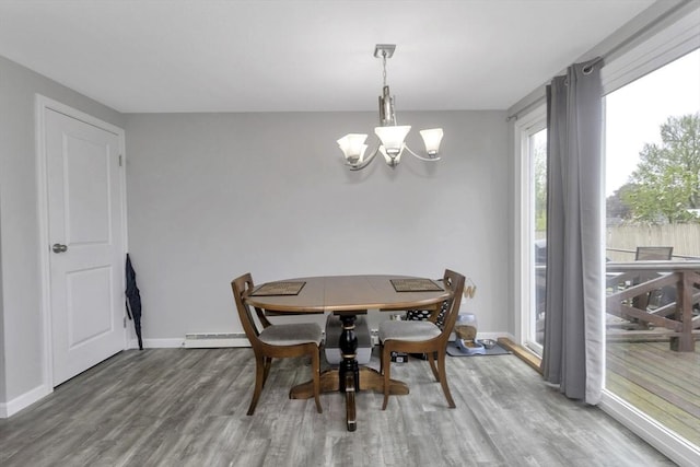 340 Dale St Unit A, Chicopee, MA 01020 - dining area with baseboards, a chandelier, wood finished floors, and a baseboard radiator
