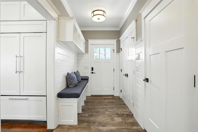 mudroom with ornamental molding and dark wood-style flooring