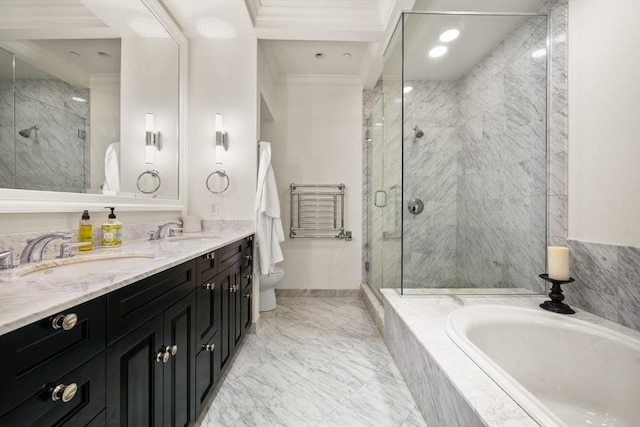 15 Marlborough St Unit 3, Boston, MA 02116 - full bath with a bath, a marble finish shower, double vanity, marble look tiles, and crown molding