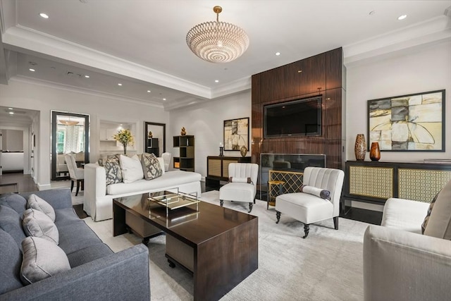 15 Marlborough St Unit 3, Boston, MA 02116 - living area featuring crown molding, recessed lighting, light colored carpet, and a raised ceiling