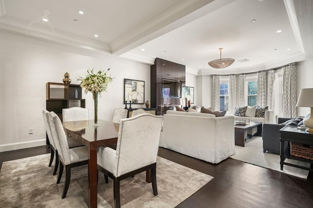 15 Marlborough St Unit 3, Boston, MA 02116 - dining space featuring wood finished floors, crown molding, recessed lighting, and a raised ceiling