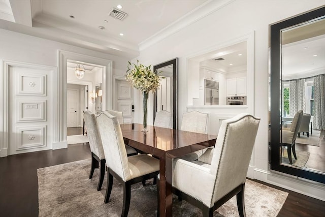 15 Marlborough St Unit 3, Boston, MA 02116 - dining area featuring dark wood-style floors, ornamental molding, recessed lighting, and a chandelier