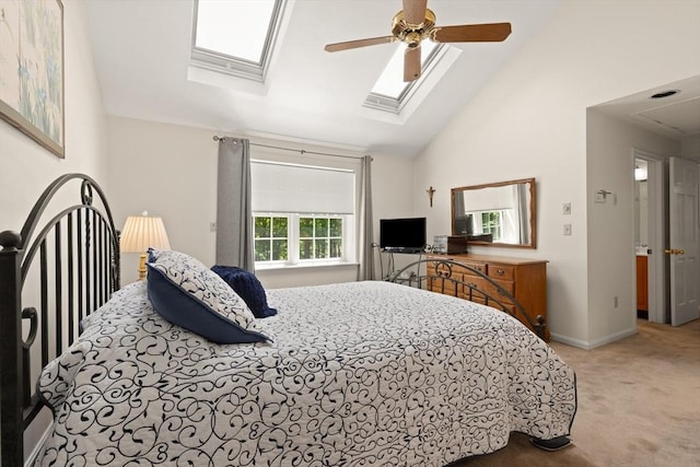 12 Robin Ln, Pepperell, MA 01463 - bedroom featuring a skylight, carpet floors, baseboards, ceiling fan, and high vaulted ceiling