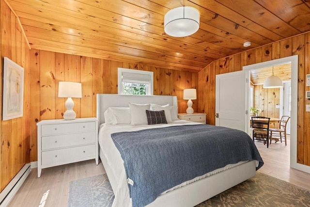 20 Judys Ln, Chatham, MA 02633 - bedroom featuring a baseboard heating unit, wood ceiling, wooden walls, and wood finished floors
