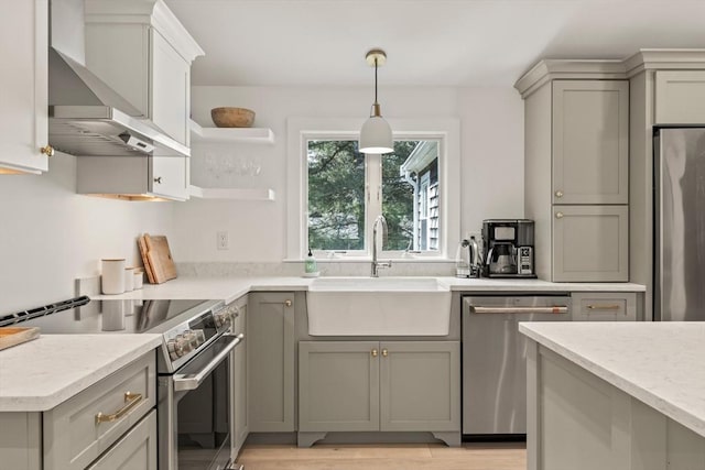 20 Judys Ln, Chatham, MA 02633 - kitchen with stainless steel appliances, wall chimney exhaust hood, open shelves, a sink, and gray cabinetry