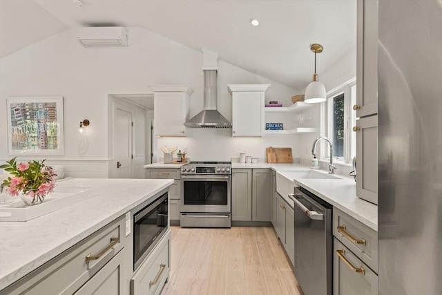 20 Judys Ln, Chatham, MA 02633 - kitchen featuring appliances with stainless steel finishes, wall chimney range hood, lofted ceiling, a sink, and open shelves