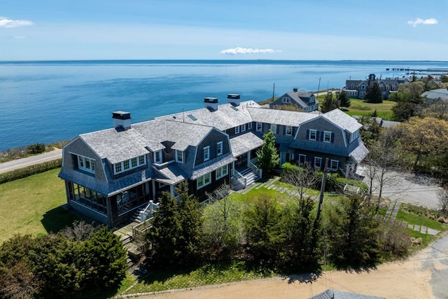 drone / aerial view featuring a water view