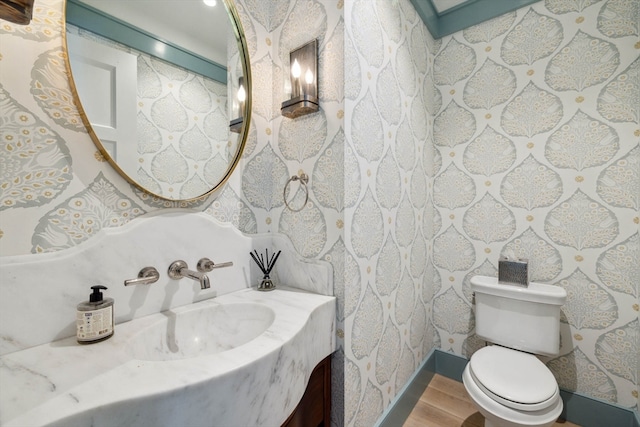 bathroom with hardwood / wood-style floors, toilet, and vanity with extensive cabinet space