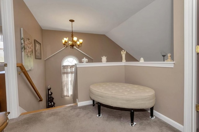 living area featuring a chandelier, an upstairs landing, carpet, lofted ceiling, and baseboards