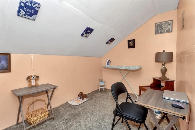 office space with vaulted ceiling and carpet floors
