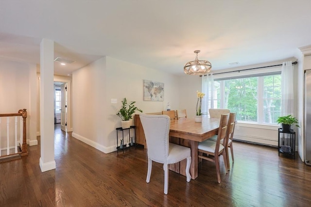 134 W Bacon St, Plainville, MA 02762 - dining space featuring dark wood-style floors, baseboards, a chandelier, and baseboard heating