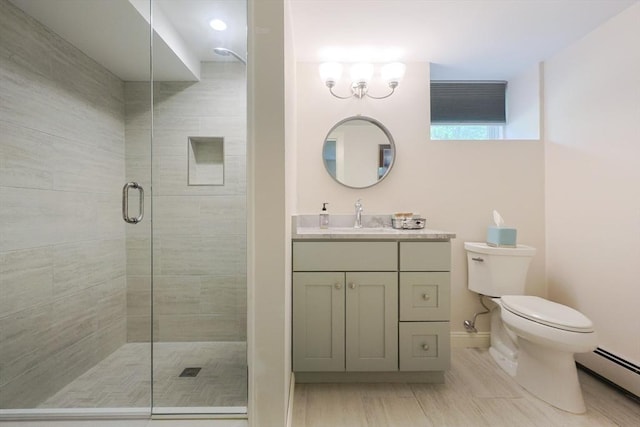134 W Bacon St, Plainville, MA 02762 - bathroom featuring a stall shower, toilet, a baseboard radiator, vanity, and baseboards