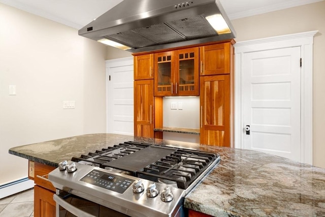 21 Searle Ave Unit 2, Brookline, MA 02445 - kitchen with stainless steel gas stove, range hood, brown cabinets, glass insert cabinets, and stone countertops