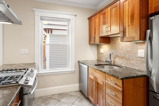 21 Searle Ave Unit 2, Brookline, MA 02445 - kitchen with under cabinet range hood, appliances with stainless steel finishes, a sink, backsplash, and light tile patterned flooring