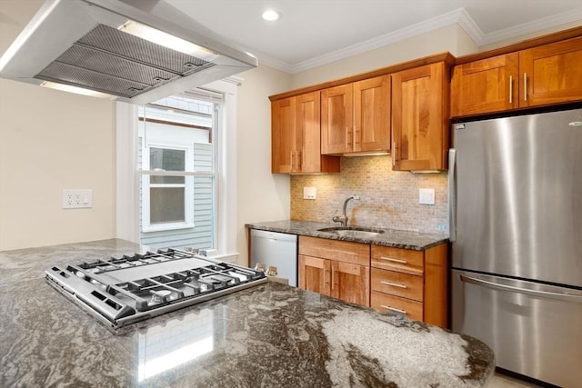 21 Searle Ave Unit 2, Brookline, MA 02445 - kitchen with appliances with stainless steel finishes, a sink, wall chimney exhaust hood, brown cabinets, and ornamental molding