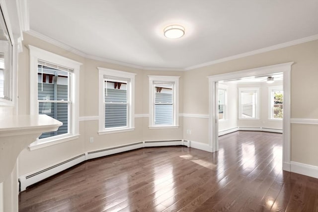 21 Searle Ave Unit 2, Brookline, MA 02445 - unfurnished dining area featuring dark wood-style flooring, baseboard heating, baseboards, crown molding, and ceiling fan