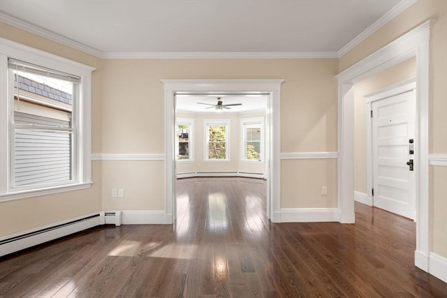 21 Searle Ave Unit 2, Brookline, MA 02445 - entrance foyer with dark wood finished floors, a baseboard heating unit, baseboards, ornamental molding, and a ceiling fan