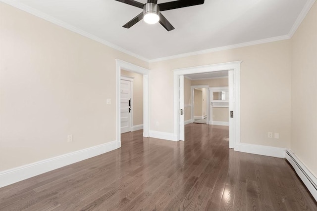21 Searle Ave Unit 2, Brookline, MA 02445 - unfurnished room featuring baseboard heating, a ceiling fan, wood finished floors, baseboards, and crown molding